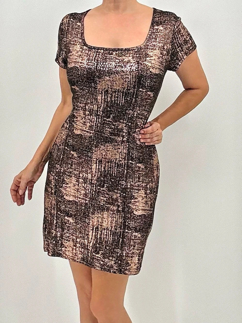 Bebe Vintage Y2K Indie Sleeves Metallic Rhinestone Bling Logo Bodycon Dress